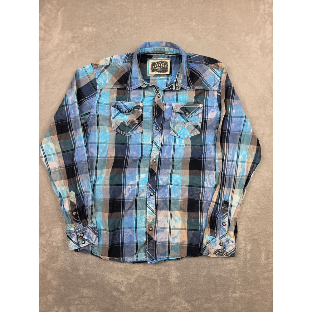 BKE Vintage Pearl Snap Shirt Kids XL Blue Plaid Acid Wash Distressed Western